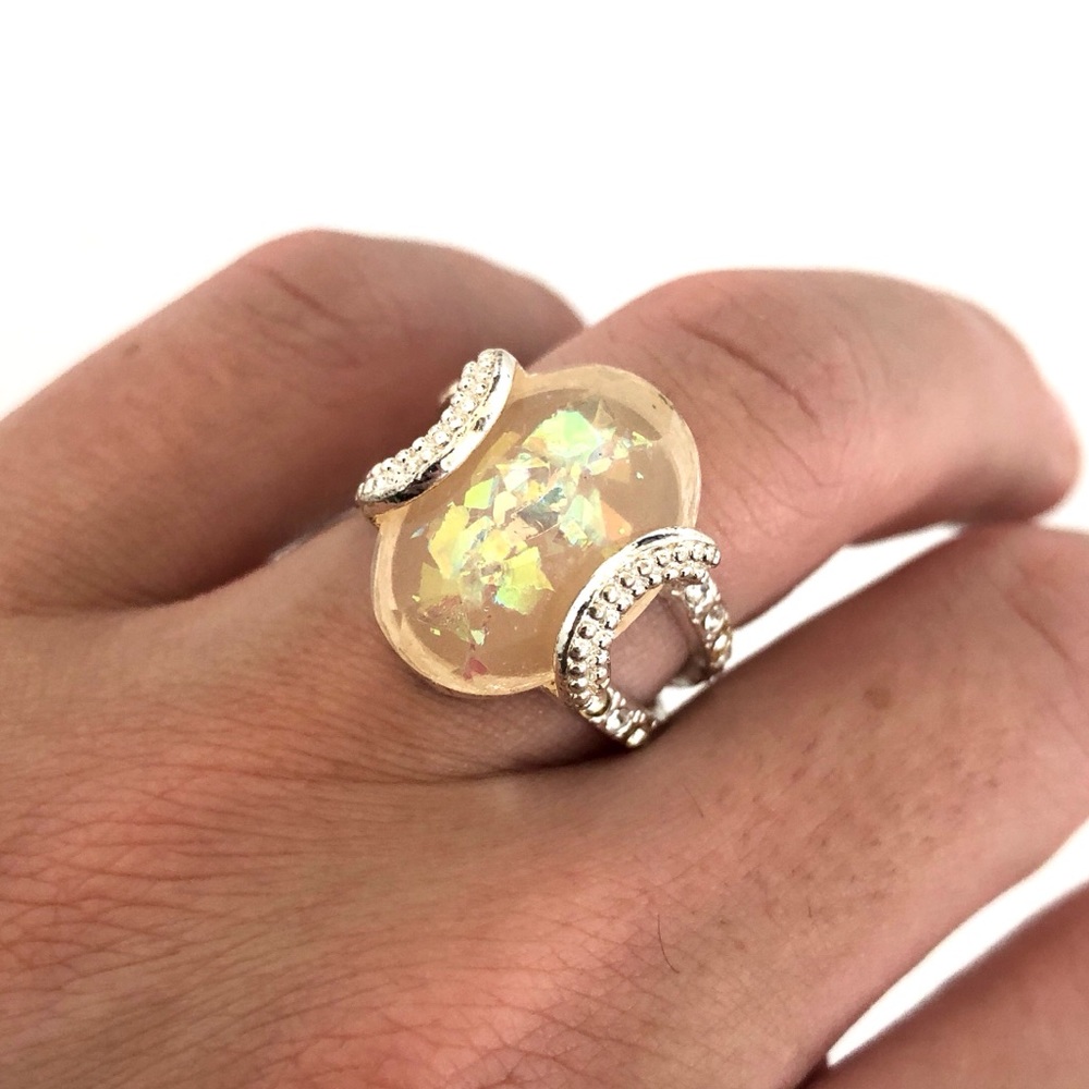 Vintage Costume Opal Ring Silver Tone Cocktail 8.5